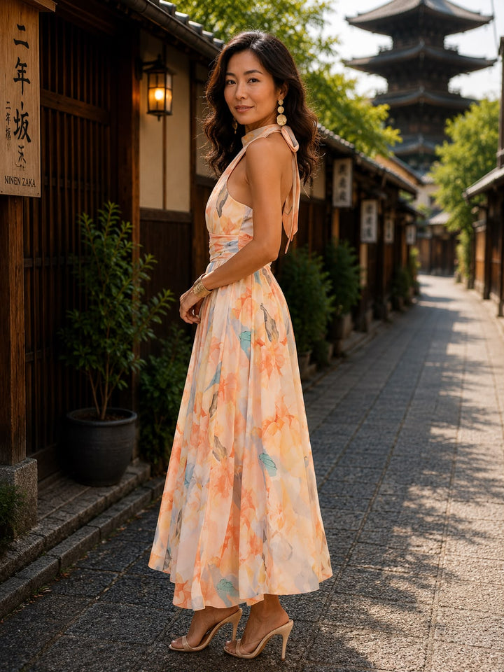 さやか | 目を引く、水彩プリントのホルターネックワンピース